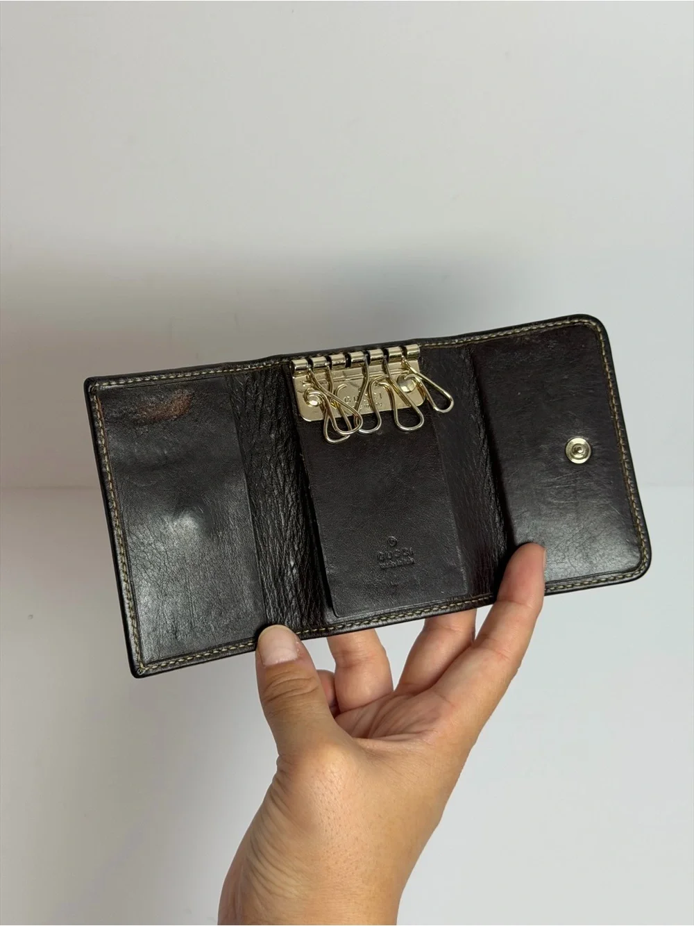 Gucci Vintage Interlocking GG Web Stripe Brown Leather Key Holder Case